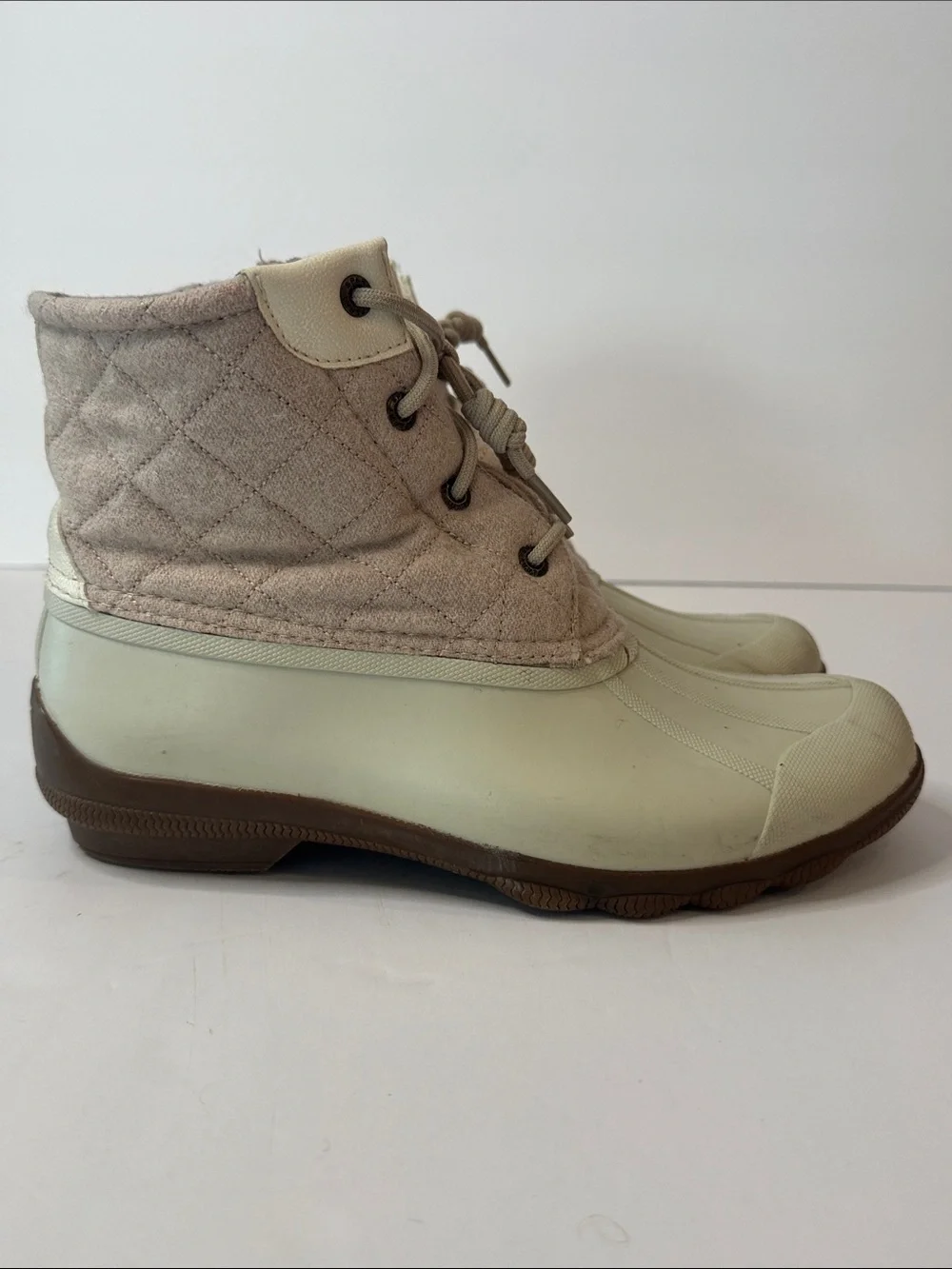 Sperry Duck Boots Quilted Wool Lace-Up Side Zip Waterproof Boots, Tan & Cream